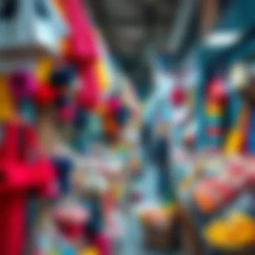 A vibrant display of colorful items in a bustling market, showcasing various hues and textures, attracting shoppers' attention.