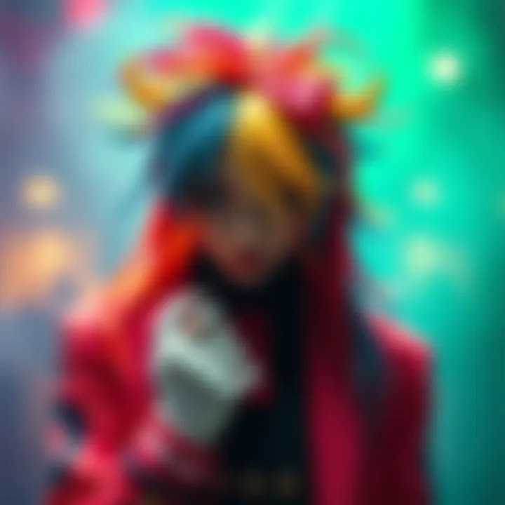 A person dressed as a JoJo character with vibrant colors and unique accessories, showcasing detailed craftsmanship