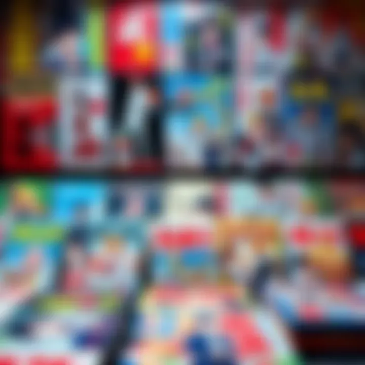 A display of colorful manga books featuring vibrant covers and illustrations, showcasing a variety of characters and scenes.