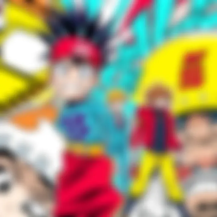 A vibrant coloring of a classic manga panel showcasing characters in dynamic poses with bright colors and artistic flair.