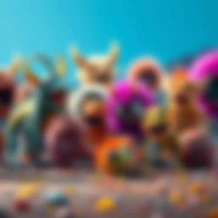 Colorful Monsters Gathering A group of vibrant, unique monsters interacting in a lively setting, showcasing their distinct features and energy.