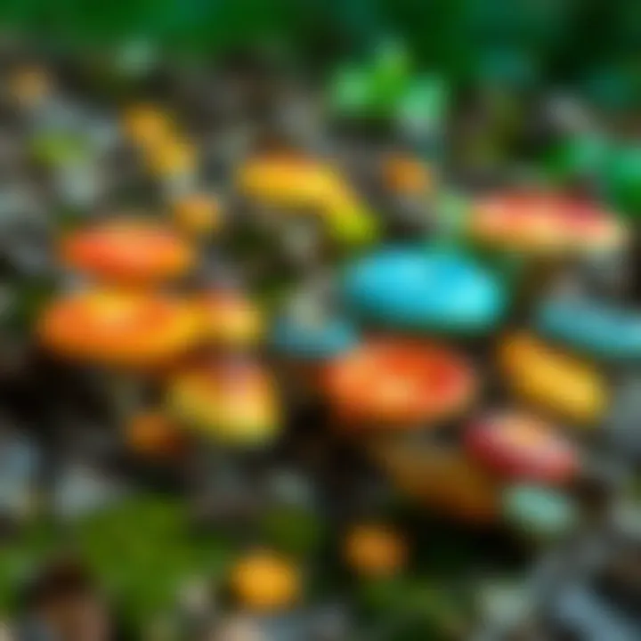 A collection of various colorful mushrooms growing on the damp forest floor, showcasing their unique shapes and textures.