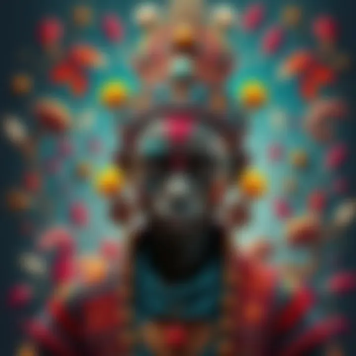 A vibrant Nyaruno character surrounded by various cultural elements and artistic designs