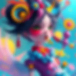 A vibrant artwork featuring bold colors and dynamic shapes, representing a character named Ruri in a whimsical setting.