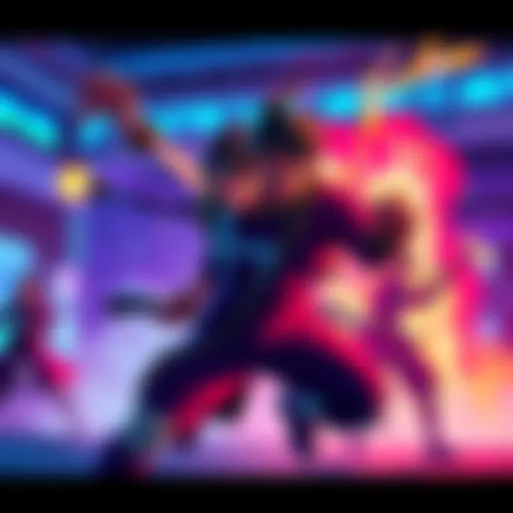 A vibrant single panel animation showcasing a fight scene with unique coloring and dynamic characters
