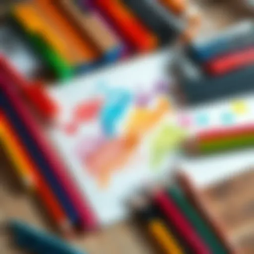 A variety of colorful sketching tools including pencils, markers, and paper on a wooden table