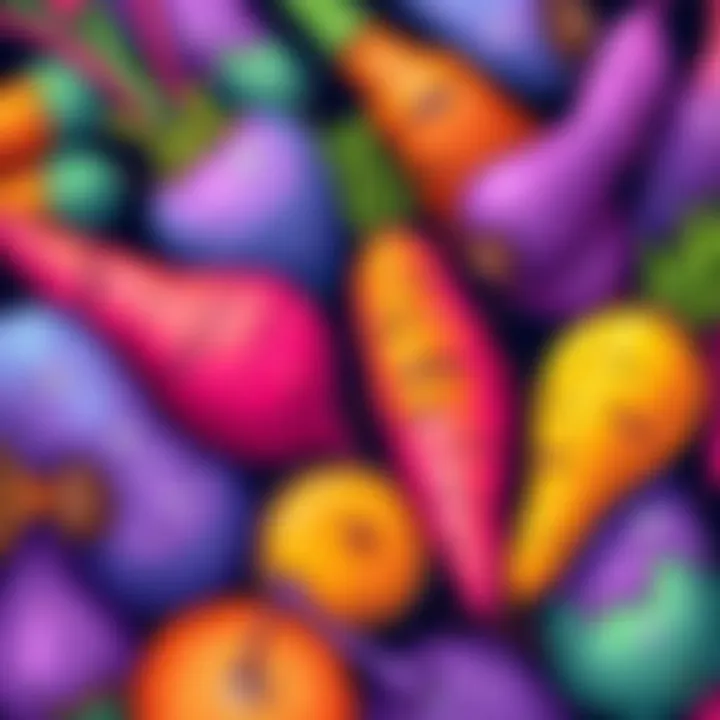 A vibrant and colorful illustration showcasing yams in various shapes and sizes, highlighting their unique texture and colors.