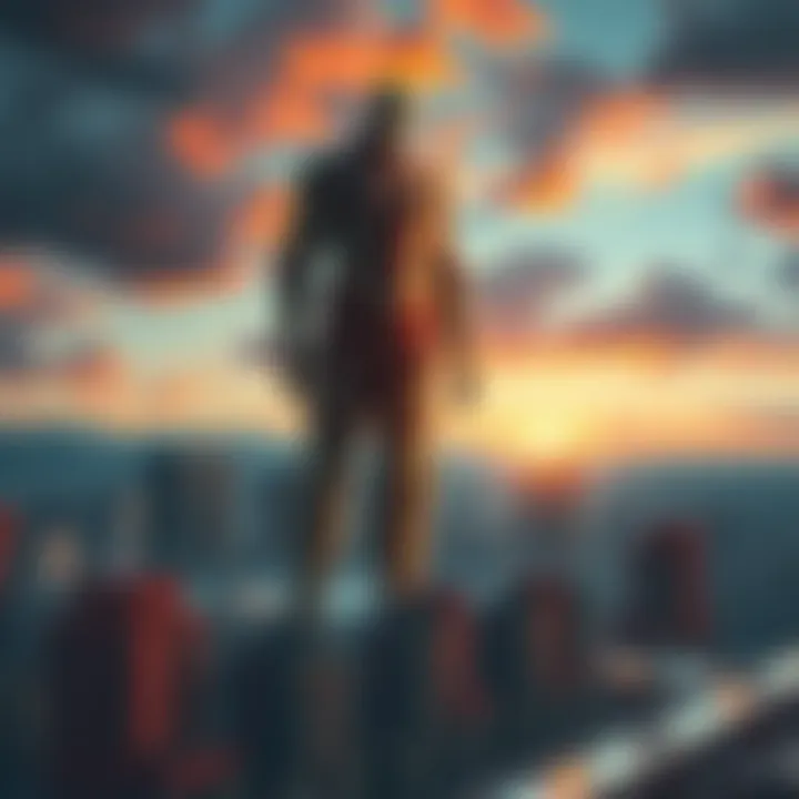 A giant figure resembling the Colossal Titan towering over city buildings, emphasizing his massive height compared to the urban landscape.