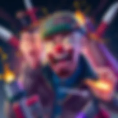 A dynamic illustration of a comedian character showcasing a unique counter technique, with vibrant colors and exaggerated expressions, surrounded by a variety of weapons and visual effects signifying ...