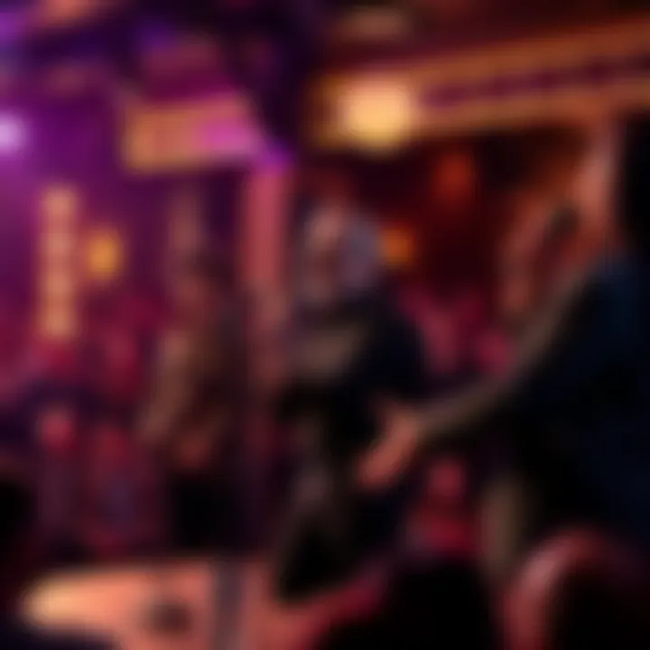 Three comedians performing in front of a laughing audience at a comedy club