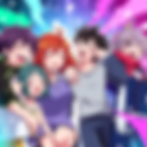 A diverse group of animated characters sharing a joyful moment and laughing, surrounded by colorful backgrounds