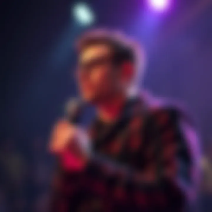 A comedian on stage with a microphone, contemplating the balance between humor and offense in front of an audience, reflecting the delicate nature of comedy today.