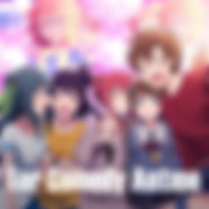 A group of anime characters laughing and enjoying each other's company with vibrant backgrounds