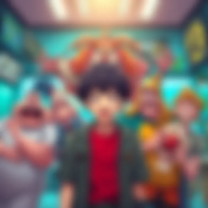 A relatable main character surrounded by wildly exaggerated characters in a colorful setting, showcasing the contrast in their personalities.