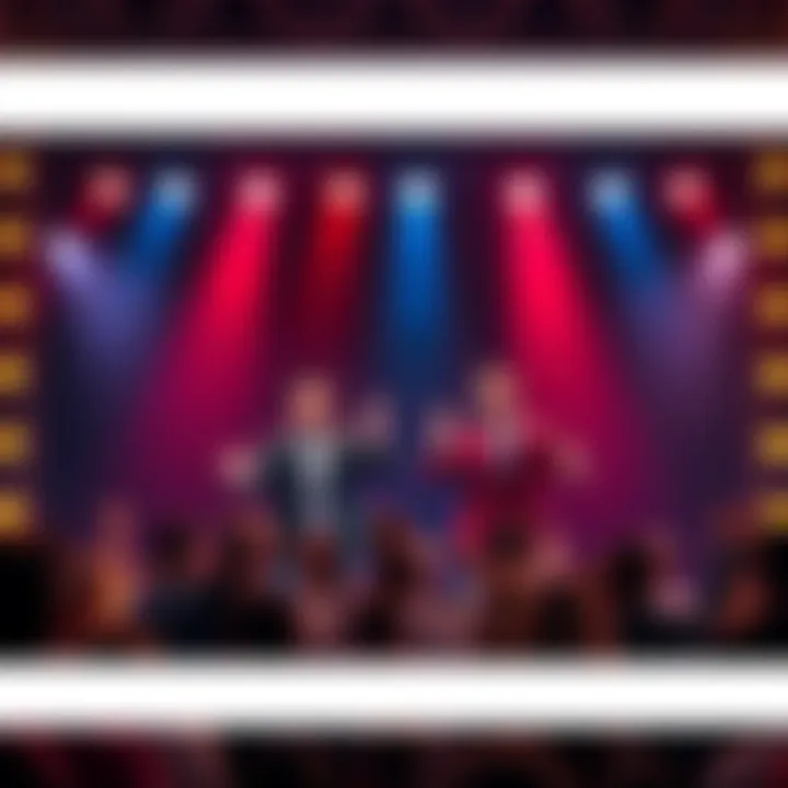 A lively stage with comedians roasting each other, surrounded by a cheering audience, showcasing a humorous competition.