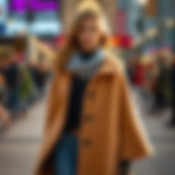 A model wearing a stylish Comfort Cape, showcasing its warm fabric and trendy design, perfect for any occasion.