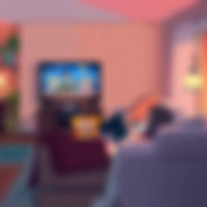 A cozy scene featuring a person relaxing on a couch with a TV screen showing animated characters, surrounded by snacks and blankets, symbolizing comfort after emotional viewing.