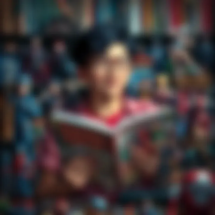 A person surrounded by comic books and anime figures, looking excited while reading a graphic novel.