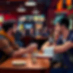 Group of comic and anime fans passionately discussing their favorite shows and characters in a cafe setting