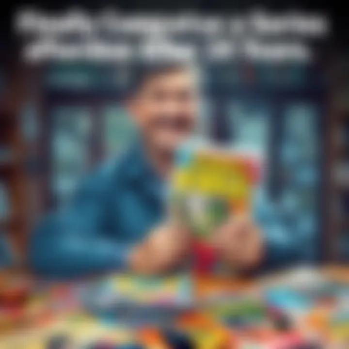 A comic collector smiles while holding the last issue of a beloved 90s comic series, surrounded by other comics on a table.