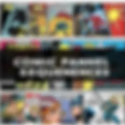 A collection of comic panels showcasing iconic moments in storytelling, featuring colorful illustrations of various characters and action scenes.