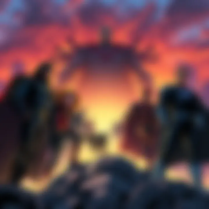 A vibrant cover showing the heroes from the comic series united for an epic battle against the final villain, with a dramatic backdrop of a city skyline at sunset.