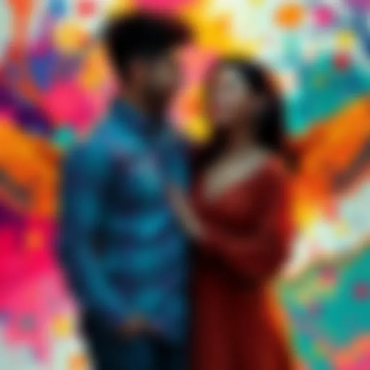 Communicative Couple in Art A vibrant representation of a couple engaged in conversation, surrounded by colorful art that symbolizes love and connection, created by @kiriminaworld.