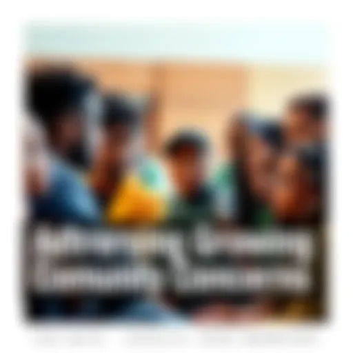 A diverse group of people discussing issues in a community setting, showing expressions of worry and contemplation.