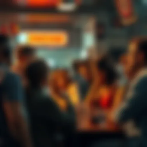 Group of people discussing rumors together in a lively setting