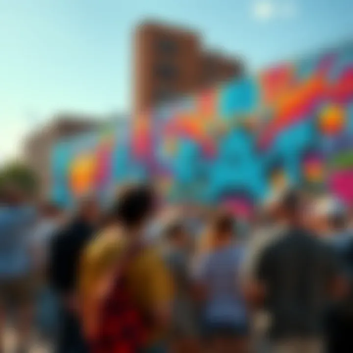 People admiring a colorful mural on a city wall, celebrating the completion of a community art project