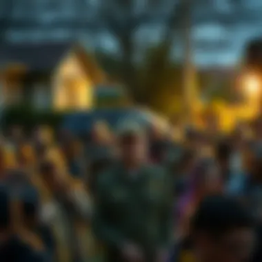 Community Alert A concerned crowd gathers in a neighborhood as a warning is announced about a troubling incident.