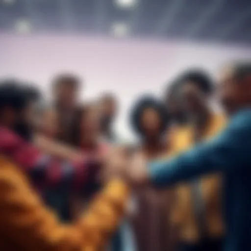 A group of diverse people smiling and holding hands in a circle, symbolizing unity and support.