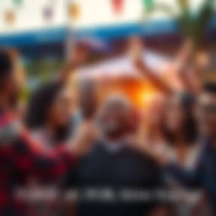 A group of diverse people smiling and celebrating together, radiating positive energy and support in a vibrant outdoor setting.