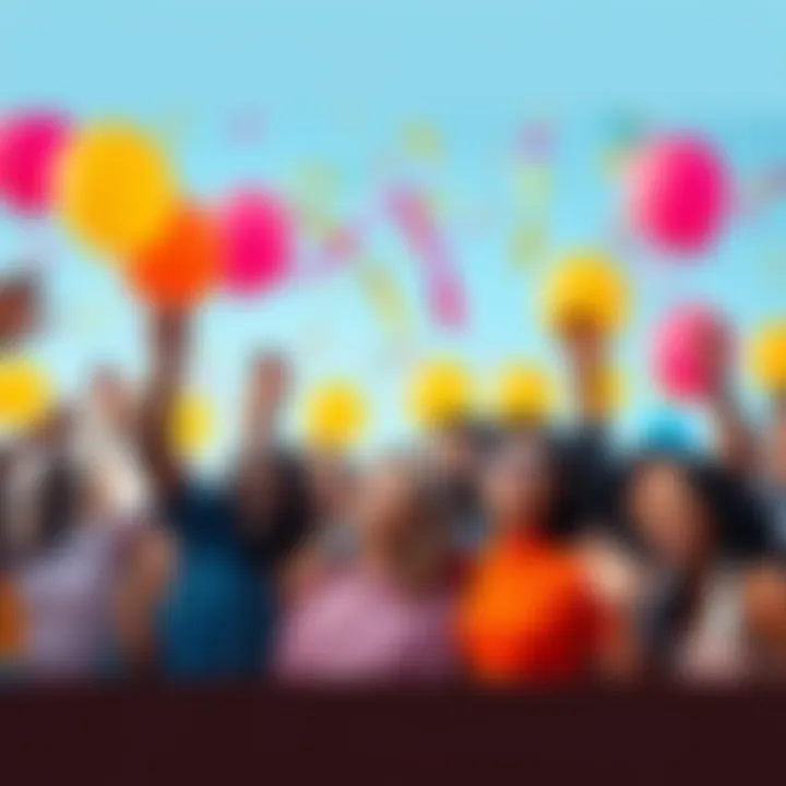 A group of diverse people celebrating with balloons and confetti at an outdoor event, smiling and enjoying the festive atmosphere.