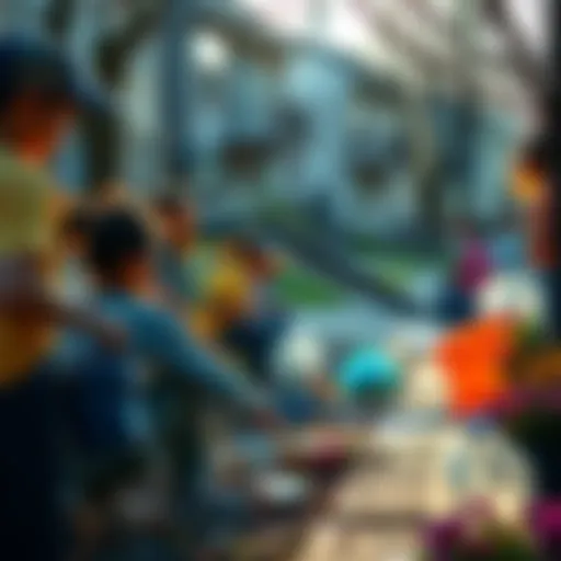 Community Cleanup Event People working together to clean up the neighborhood, picking up trash and planting flowers.