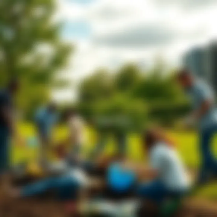 A diverse group of people working together in a park, planting trees and cleaning up trash, symbolizing hope and resilience amid challenges.