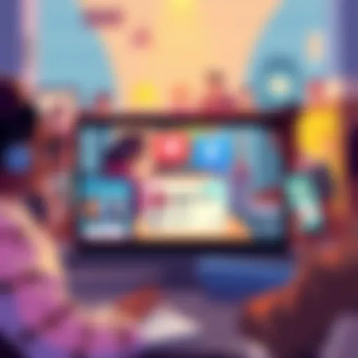 A vibrant online community scene showing people sharing and discussing various content through devices like laptops and smartphones