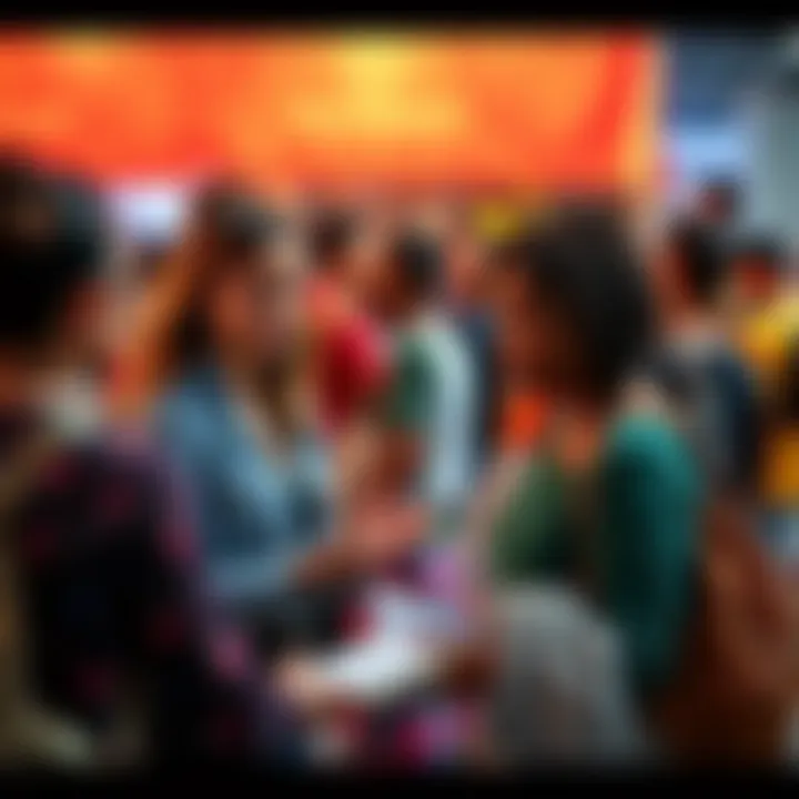 Local influencers participating in a community support event, engaging with people and sharing resources.