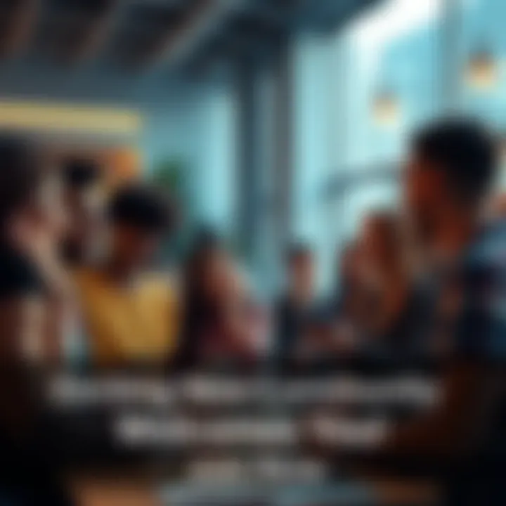 A group of diverse people engaged in conversation and sharing ideas in a welcoming environment.