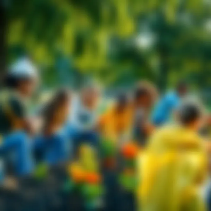 A group of diverse people working together in a park, planting flowers and cleaning up, showing community spirit and teamwork.