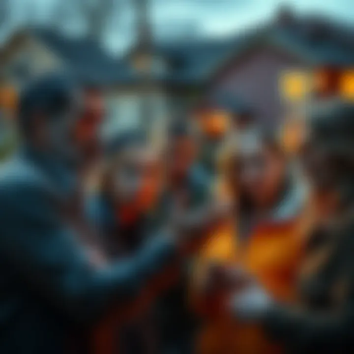 A group of concerned residents discussing an unsettling encounter in their neighborhood, showing expressions of worry and anxiety, with houses in the background.