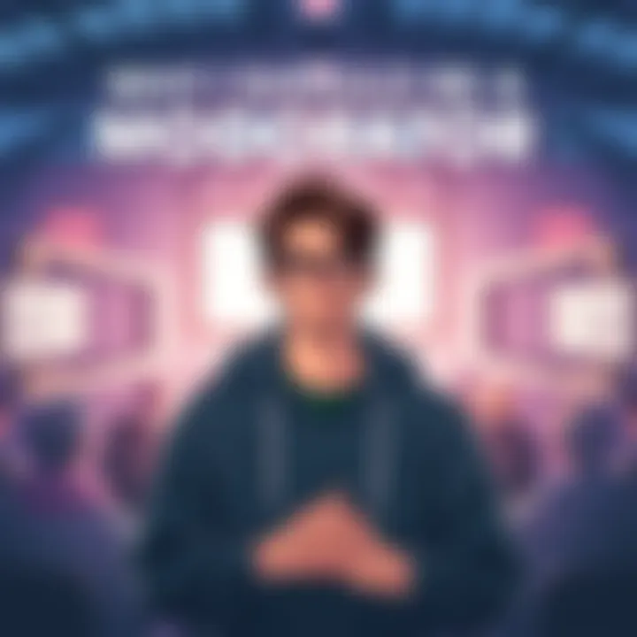 A poster illustrating someone applying to be a forum moderator, emphasizing community engagement and support.