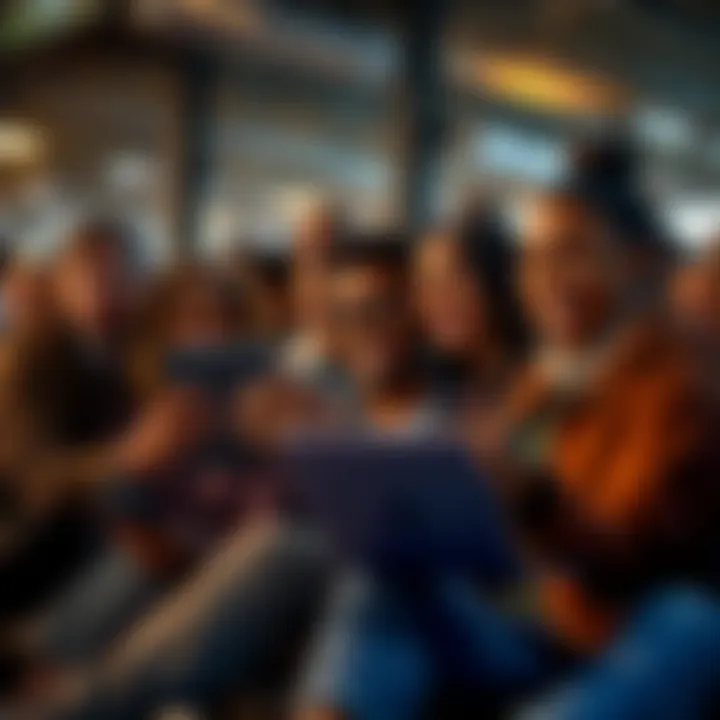 A group of diverse people connecting online, smiling and sharing experiences in a digital space, emphasizing companionship and support.