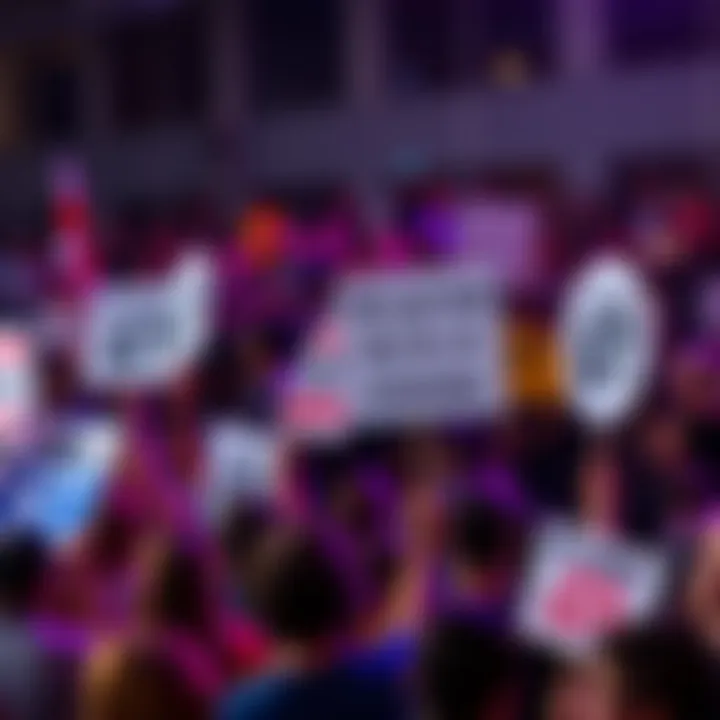 People gathered holding signs to support a new GT campaign, showing unity and urgency for action.