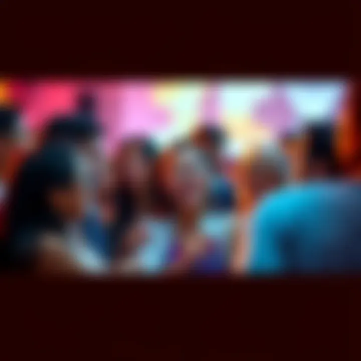A lively community gathering with people discussing an exciting new figure, showing animated expressions and gestures.