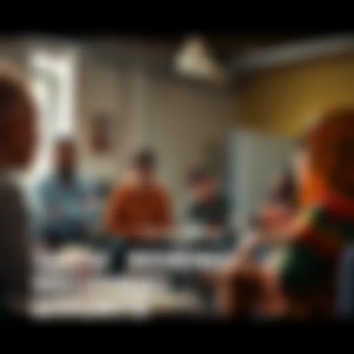 A group of people discussing recovery efforts in a community center, showing collaboration and planning for economic and social improvements.