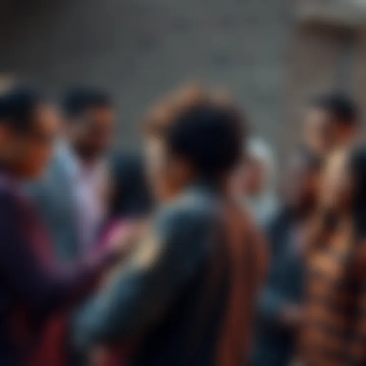 A group of diverse people working together to help those in need, showing support and care in a community setting.