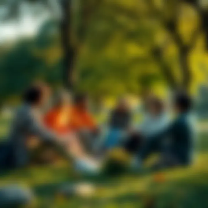 A group of people sitting in a park, sharing stories and offering support to each other, fostering community spirit.