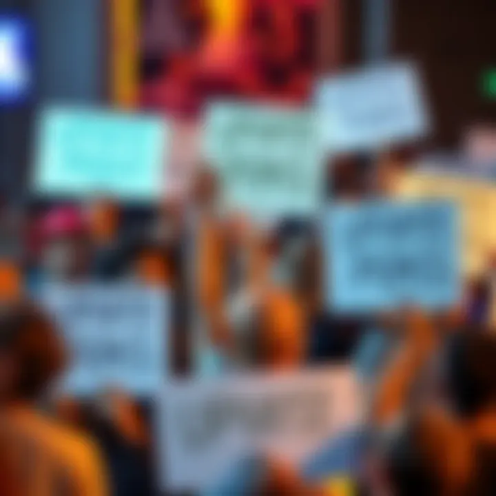 A group of people holding signs encouraging others to upvote a post, showing unity for a common cause.