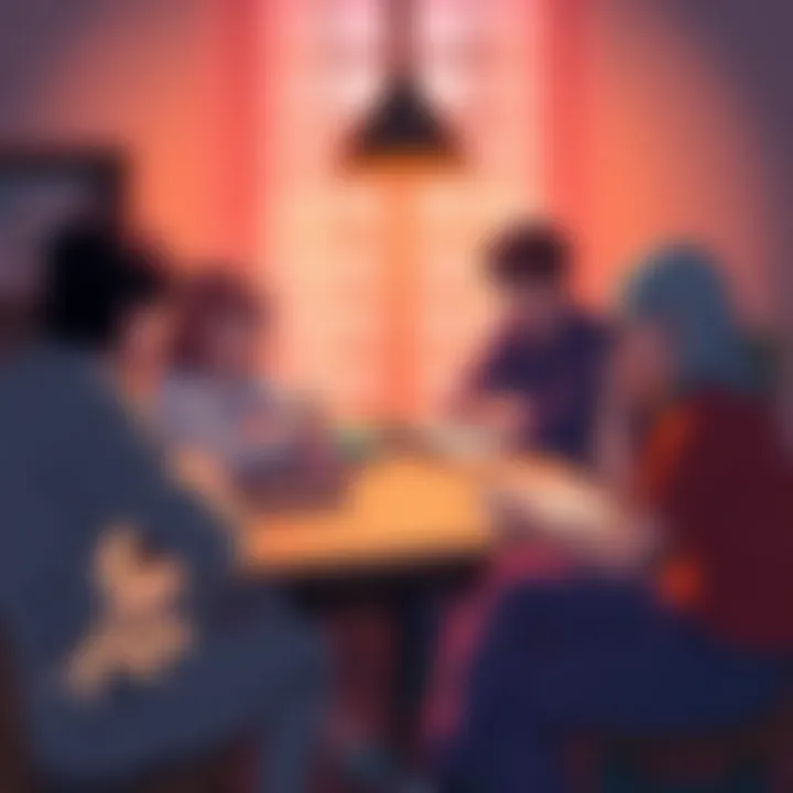 A group of people discussing translation rights in a cozy setting with books and manga on the table.